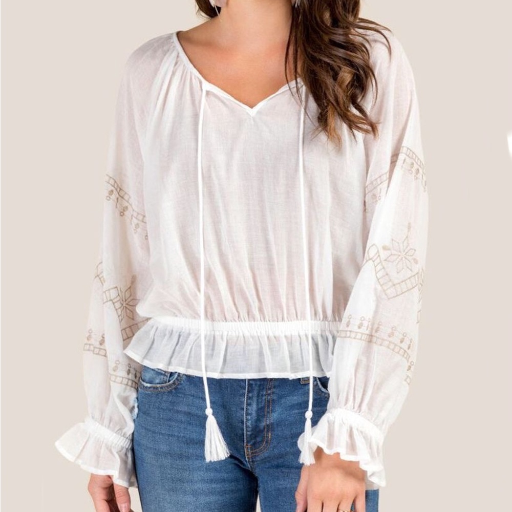 New Embroidered White Knit Boho Top